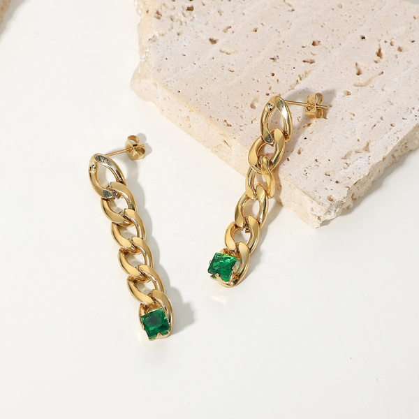 Chain Earrings with Emerald